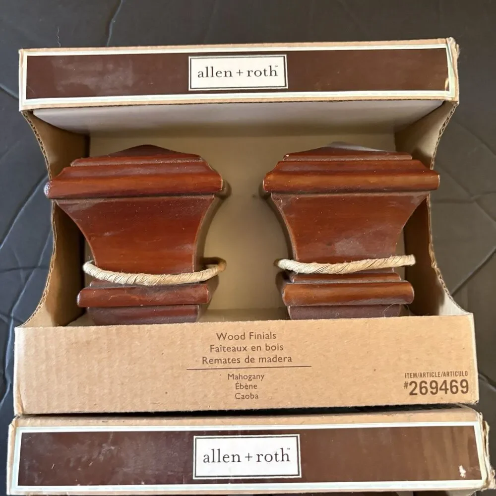 NEW 2 Boxes Allen + Roth Mahogany Wood Finials Fits 1 3/8th - 1 3/4